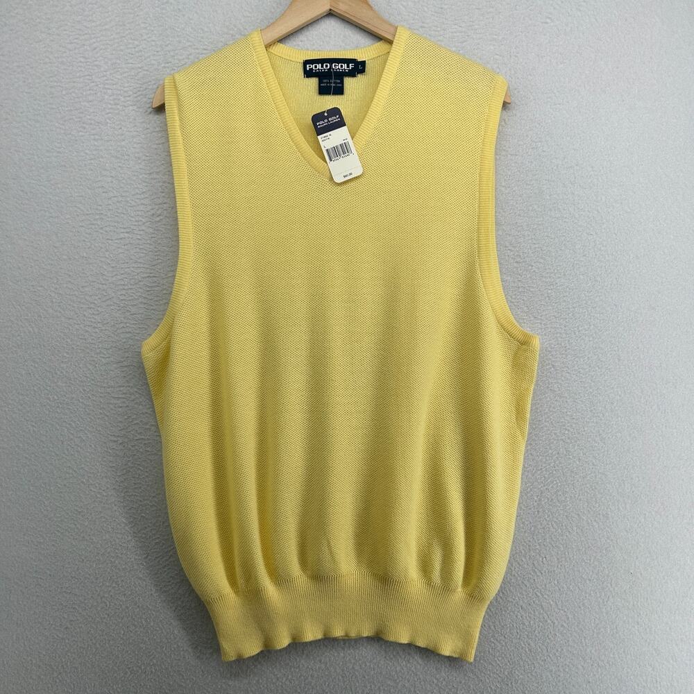RALPH LAUREN Sweater Vest Mens L POLO GOLF V-Neck Cotton Yellow HK VTG NEW